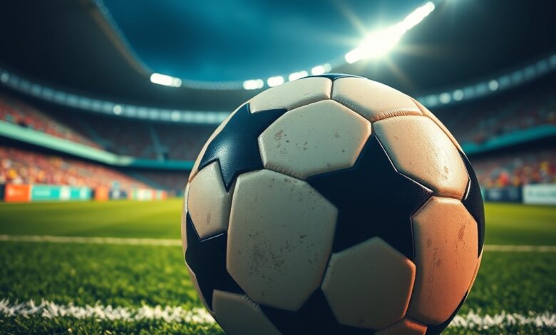 Bola de futebol sobre relvado verde iluminado num estádio desportivo moderno durante um jogo oficial