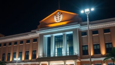 Edifício de tribunal iluminado à noite com símbolos de justiça em ambiente institucional sóbrio e moderno.