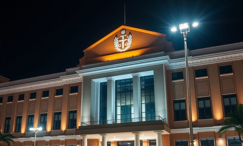 Edifício de tribunal iluminado à noite com símbolos de justiça em ambiente institucional sóbrio e moderno.