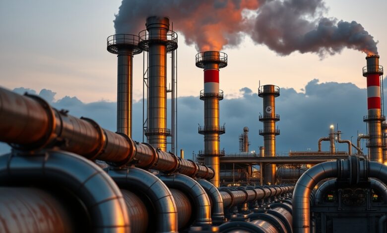 Instalação industrial moderna de gás natural com tubagens metálicas sob a luz dourada do entardecer