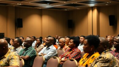 Sala de conferências com participantes atentos num simpósio sobre direitos cívicos e governação em Moçambique.