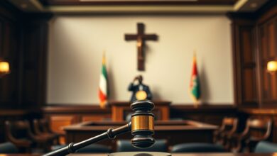 Balança da justiça e código de leis sobre mesa de madeira em tribunal com iluminação suave
