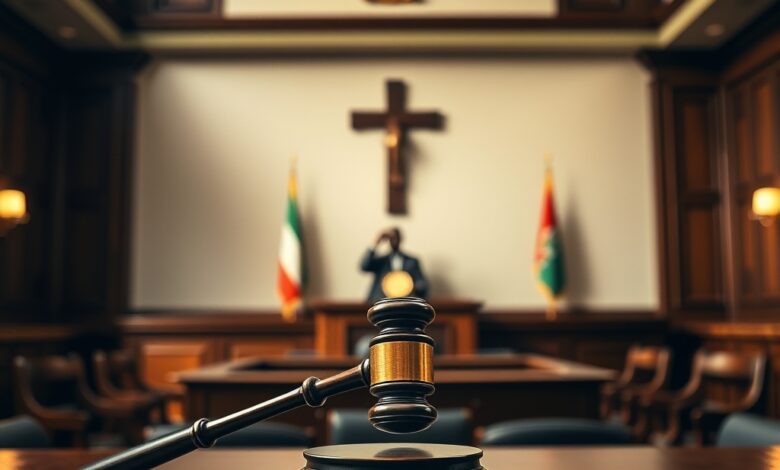 Balança da justiça e código de leis sobre mesa de madeira em tribunal com iluminação suave