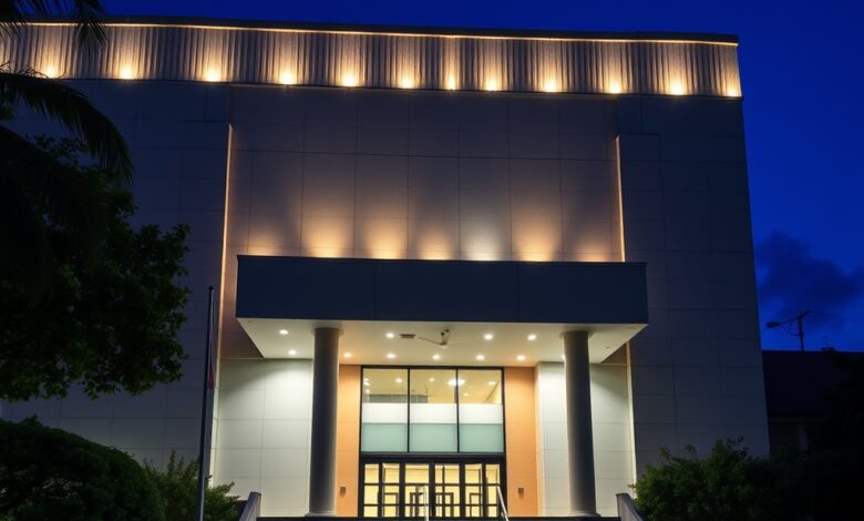 Fachada exterior iluminada de um edifício moderno de tribunal de justiça com bandeiras hasteadas ao anoitecer.