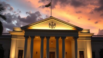 Fachada iluminada de tribunal de justiça com colunas imponentes sob céu crepuscular refletindo solenidade institucional e jurídica.