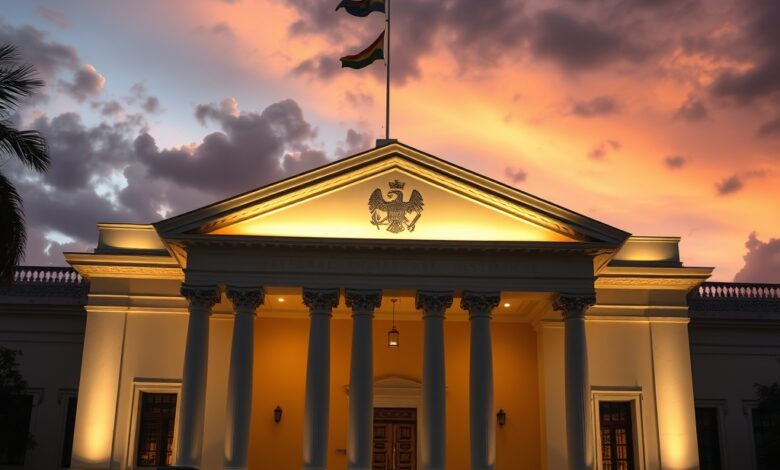 Fachada iluminada de tribunal de justiça com colunas imponentes sob céu crepuscular refletindo solenidade institucional e jurídica.