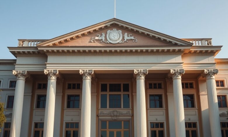 Fachada do edifício da suprema corte com colunas imponentes sob luz diurna em plano geral.
