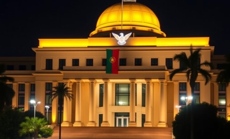 Vista exterior do edifício do Supremo Tribunal Federal iluminado ao entardecer em Brasília com bandeira nacional
