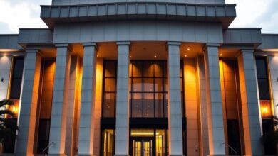 Fachada exterior iluminada de um edificio de tribunal de justica de estilo moderno com colunas arquitetonicas imponentes