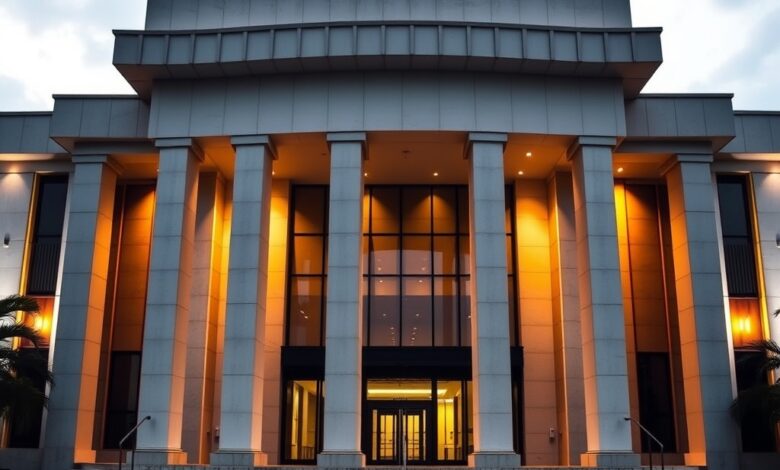 Fachada exterior iluminada de um edificio de tribunal de justica de estilo moderno com colunas arquitetonicas imponentes
