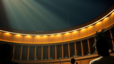 Tribunal de justiça iluminado com bancada de juízes vazia e símbolos da lei em destaque.
