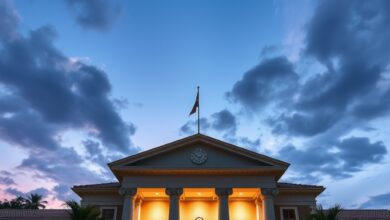 Fachada iluminada de tribunal de justiça com colunas imponentes sob céu crepuscular refletindo solenidade jurídica