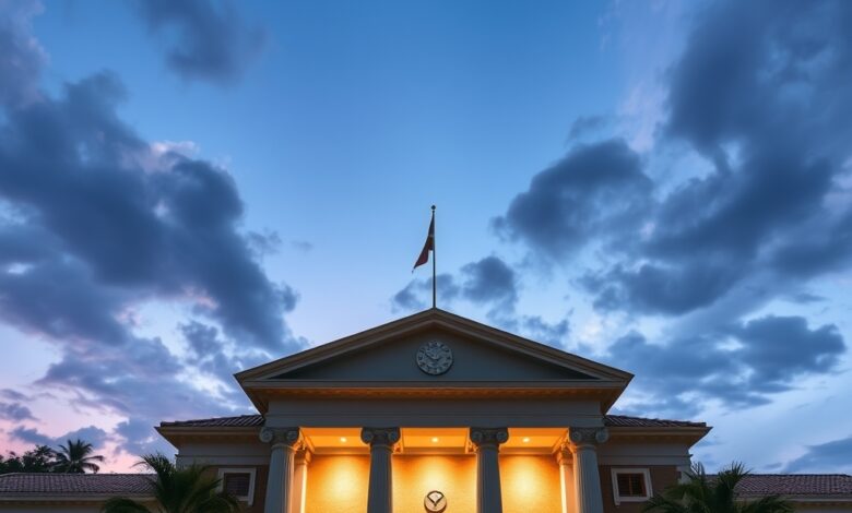 Fachada iluminada de tribunal de justiça com colunas imponentes sob céu crepuscular refletindo solenidade jurídica