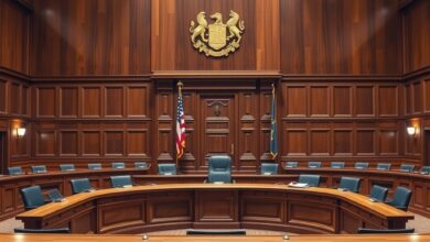 Plenário de tribunal superior com bancada de madeira e símbolos institucionais da justiça iluminados