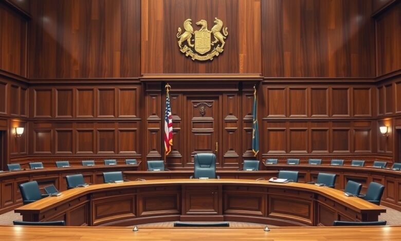 Plenário de tribunal superior com bancada de madeira e símbolos institucionais da justiça iluminados