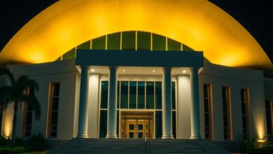 Fachada de tribunal de justiça iluminada à noite com arquitetura moderna e colunas imponentes em ângulo aberto.