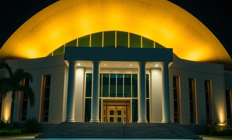 Fachada de tribunal de justiça iluminada à noite com arquitetura moderna e colunas imponentes em ângulo aberto.