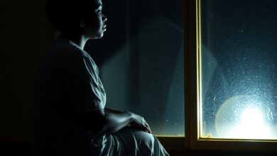 Pessoa sentada junto a uma janela iluminada em momento de reflexão e serenidade emocional profunda.