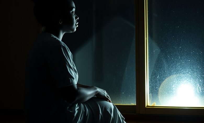 Pessoa sentada junto a uma janela iluminada em momento de reflexão e serenidade emocional profunda.