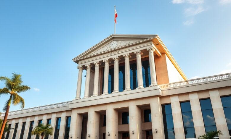 Fachada imponente de um tribunal moderno com colunas clássicas sob céu limpo em enquadramento fotojornalístico.