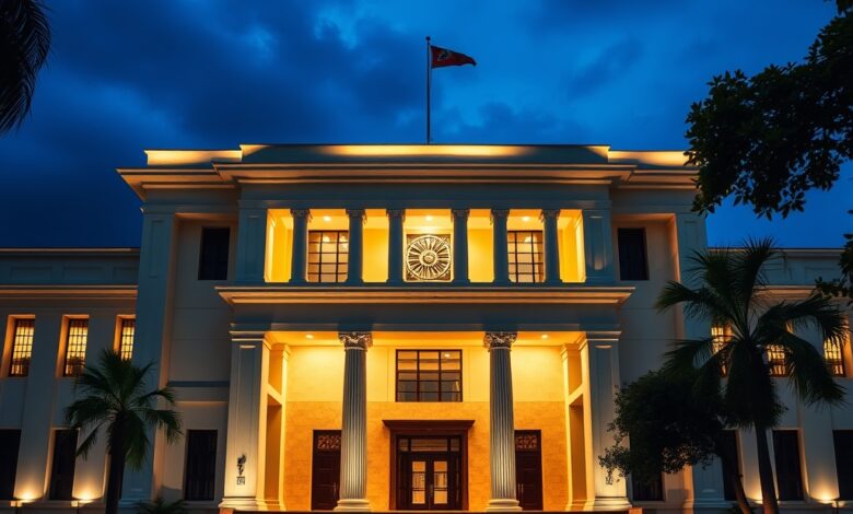 Fachada imponente de um tribunal de justiça moderno com colunas arquitetónicas e iluminação institucional sóbria.