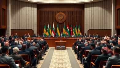 Assembleia geral com representantes diplomaticos em reuniao plenaria internacional com bandeiras neutras ao fundo
