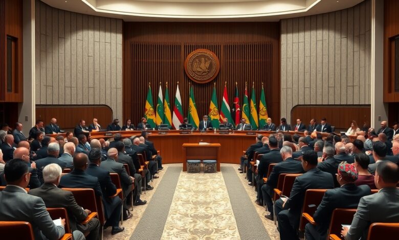 Assembleia geral com representantes diplomaticos em reuniao plenaria internacional com bandeiras neutras ao fundo