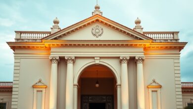 Fachada solene de tribunal superior com colunas classicas e iluminacao sobria ao entardecer