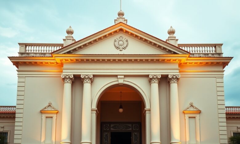 Fachada solene de tribunal superior com colunas classicas e iluminacao sobria ao entardecer