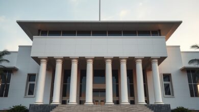 Fachada imponente de um tribunal moderno de justiça com colunas brancas sob céu limpo durante a tarde.