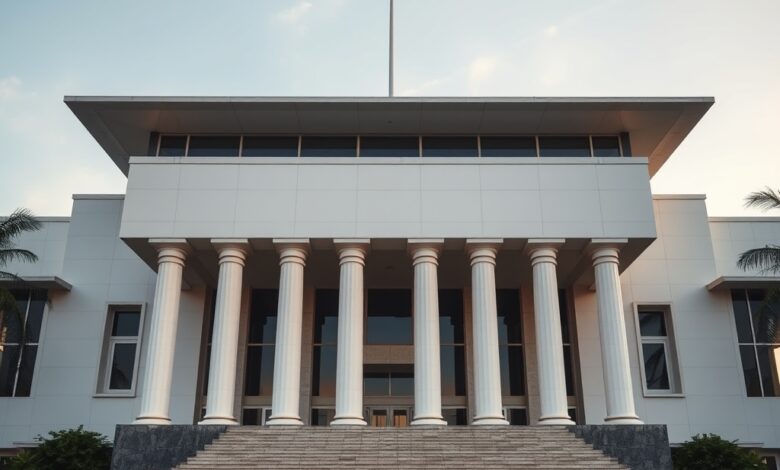 Fachada imponente de um tribunal moderno de justiça com colunas brancas sob céu limpo durante a tarde.