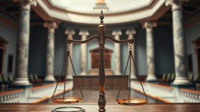 Fachada sóbria de tribunal com colunas de mármore e balança da justiça em ambiente institucional solene.
