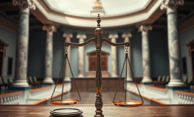 Fachada sóbria de tribunal com colunas de mármore e balança da justiça em ambiente institucional solene.