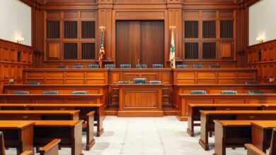 Plenário judicial com bancada solene de madeira, martelo de juiz e iluminação formal neutra em tribunal.