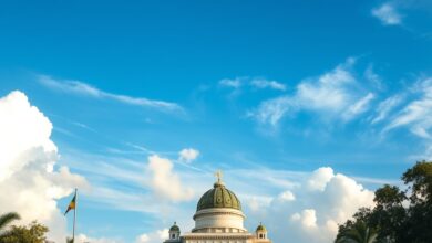 Cúpula do Congresso Nacional em Brasília sob céu com nuvens, vista em perspetiva arquitetónica factual.