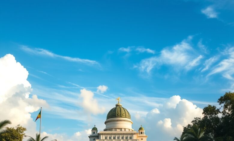 Cúpula do Congresso Nacional em Brasília sob céu com nuvens, vista em perspetiva arquitetónica factual.