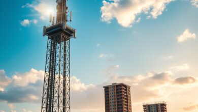 Torre de telecomunicações moderna erguida sob céu límpido transmitindo sinal de rede móvel numa paisagem urbana africana