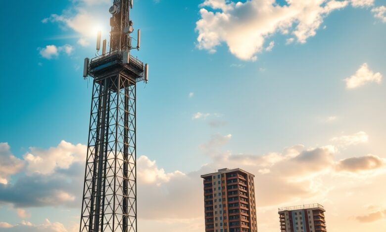 Torre de telecomunicações moderna erguida sob céu límpido transmitindo sinal de rede móvel numa paisagem urbana africana