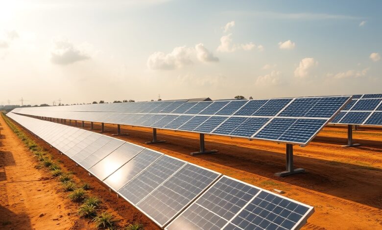 Parque solar com painéis fotovoltaicos modernos instalados sob céu aberto no interior de Moçambique