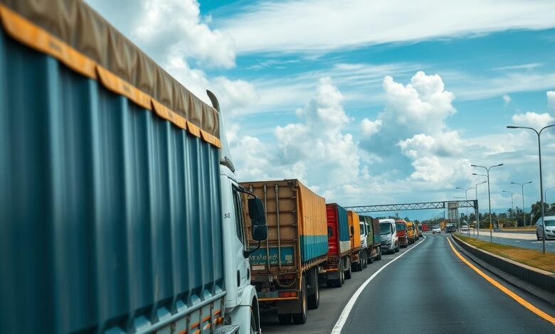 Fila de camiões de carga pesada estacionados num terminal logístico ao entardecer sob céu límpido.