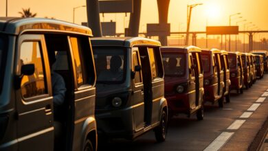 Miniautocarros de passageiros parados num terminal rodoviário urbano sob a luz suave do final da tarde.