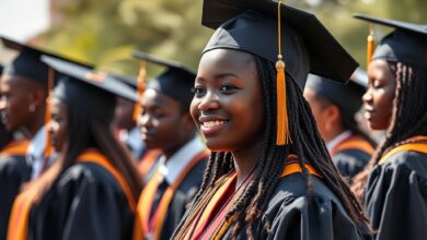 Cerimónia solene de graduação universitária com estudantes vestidos com capas académicas a celebrar a sua formação superior.