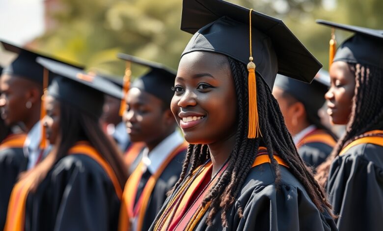 Cerimónia solene de graduação universitária com estudantes vestidos com capas académicas a celebrar a sua formação superior.