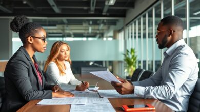 Entrevista de emprego corporativa em escritório moderno com profissionais analisando currículos sobre a mesa de reuniões.