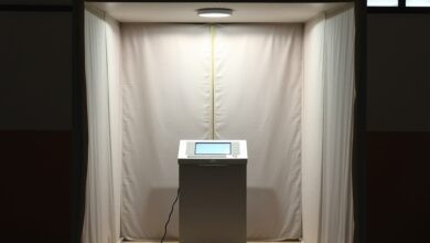 Cabine de votação com ecrã digital moderno e urna de voto num centro eleitoral iluminado.