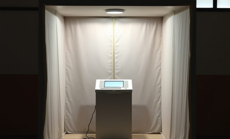 Cabine de votação com ecrã digital moderno e urna de voto num centro eleitoral iluminado.
