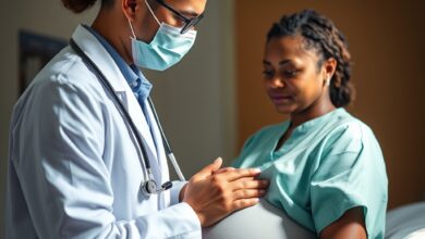 Profissional de saúde segura seringa médica em ambiente clínico focado no cuidado pré-natal de gestantes