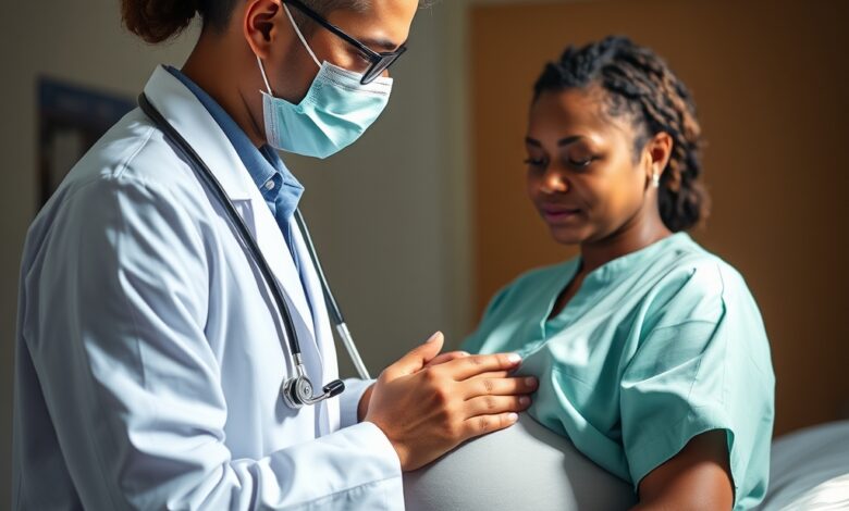 Profissional de saúde segura seringa médica em ambiente clínico focado no cuidado pré-natal de gestantes