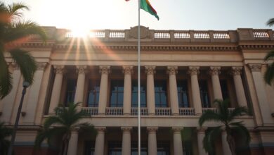 Fachada de edifício judicial com colunas imponentes sob a luz matinal com bandeira nacional ao vento