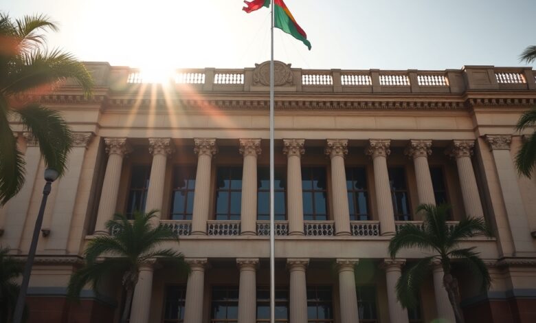 Fachada de edifício judicial com colunas imponentes sob a luz matinal com bandeira nacional ao vento